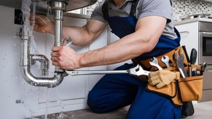 Plumber repairing pipes beneath a sink in Culver City